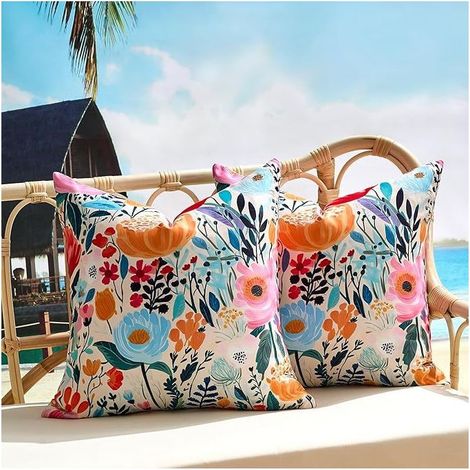 Lot de 2 housses de coussin décoratives d'extérieur, 45 x 45 cm, imperméables et à motif floral — Pour jardin, chaises, canapés, salon, chambre et décoration intérieure (1/4)