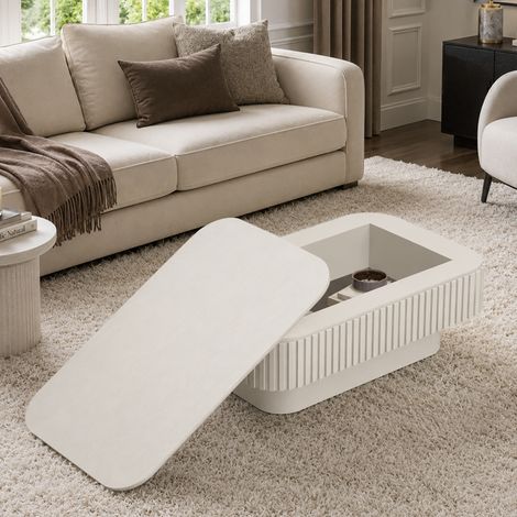 98cm Rectangle Fluted Coffee Table with Hidden Storage, Solid Wood Veneered Modern Cocktail Table, 5-Minute Easy Assembly Accent Tea Table for Living Room, Bedroom, Apartment or Office, Cream (1/5)