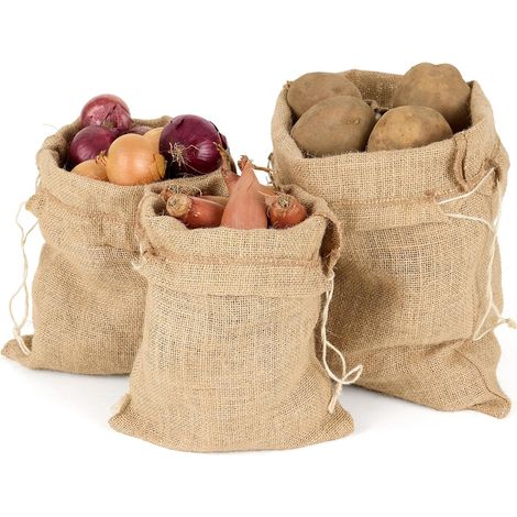 Sacs Toile Jute - Lot 3 - Naturel - Cordon Serrage - Stockage Légumes Fruits - Tailles S M L (1/5)