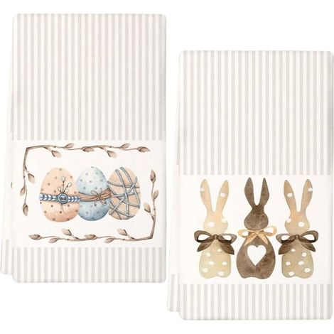 Set of 2 Easter Kitchen Towels with Three Rabbits and Eggs Design, Decoration for Easter Party and Spring Use, Decorative Towels for Home (1/5)