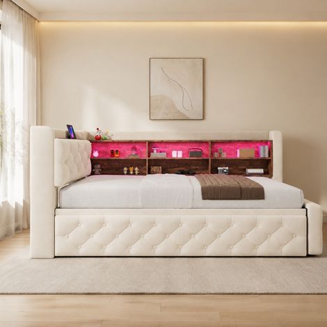 Divano letto estensibile 90 x 190 cm con contenitore, LED, USB e Type-C, beige DESVIAE (1/5)