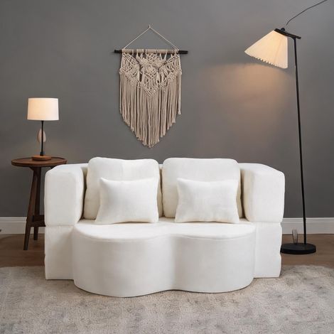 Canapé d'angle en tissu blanc avec matelas pliant et 4 coussins (1/5)