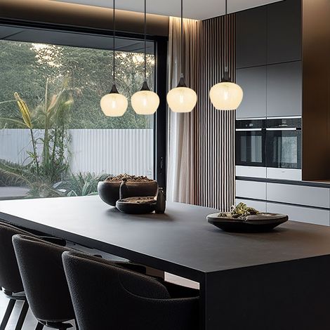 Hängeleuchte Glas Pendellampe Wohnzimmer schwarz chrom 4 flammig, Metall Glaskugeln, 4x LED 7W 806Lm warmweiß, LxBxH 99x18x120 cm