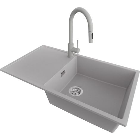 PRIMAGRAN Evier Cuisine en Granit 90x50cm,Lavabo 1 bac + Robinet 40x20cm + Kit de Vidage, Évier à Encastrer au meuble 60cm - Ibiza, Gris (1/5)