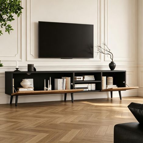 Meuble TV 180x33,5x45 cm, Table basse de télévision pour salon meuble de rangement, de avec 3 portes et passe-câbles, Naturel et Noir (1/5)