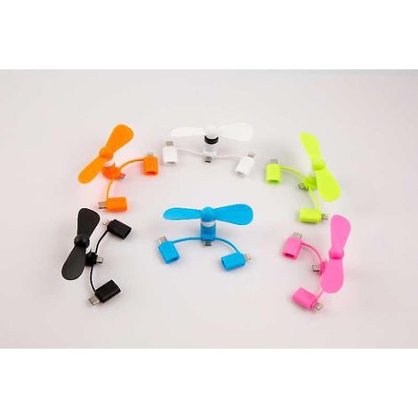 Lot de 6 mini ventilateurs portables 3 en 1 pour téléphones portables (Android, Apple, Type-C) - Ventilateur intelligent USB pour les voyages (couleurs assorties) (1/3)