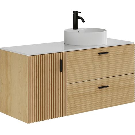 Mobile bagno sospeso striato con lavabo da appoggio rotondo - 1 anta e 2 cassetti - Naturale chiaro - 120 cm - SARONE (1/5)