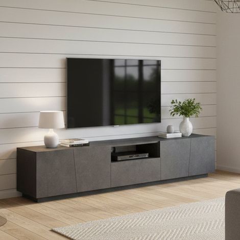 Dmora Meuble TV de salon, Made in Italy, Meuble TV avec 4 portes et 1 tiroir, 220x43h46 cm, couleur Gris ardoise, avec lumière LED blanche, avec emballage renforcé (1/5)