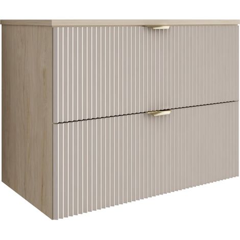 Mobile da bagno con frontale scanalato 80 cm con 2 cassetti, noce chiaro (MDF), con frontale cashmere, con maniglia dorata, 80 x 47 x 60 cm (1/5)
