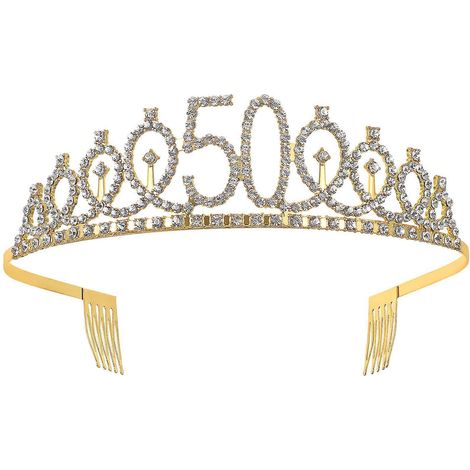 Frcolor Mädchen-Geburtstagstiara zum 50. Geburtstag, Kristall-Strass-Geburtstagstiara, Königinnenkrone, Haarreif mit Haarkamm und Clip für die Dekoration von Geburtstagsfeiern und Abschlussbällen-Gold (1/3)