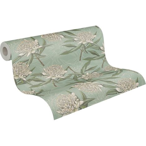 Papier peint intissé sur fond bleu Tapisserie à fleurs blanches style tropical Papier peint feuillage idéal pour salon et bureau (1/5)