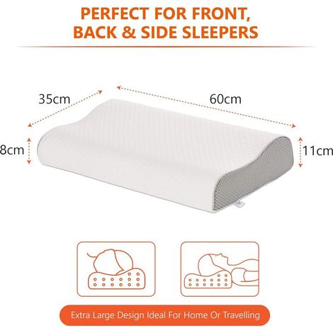 Oreiller de luxe en mousse à mémoire de forme Oreiller ergonomique cervical anti-ronflement pour dormeurs sur le ventre, le dos ou le côté Grande taille : 60 x 35 x 9-11 cm-AquaForge
