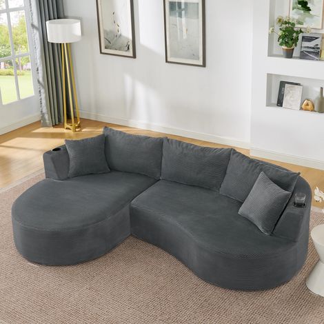 3-Sitzer Kompressionssofa,Linke Chaiselongue + 2-Sitzer , Bogenförmiges Design, weicher Kordstoff, mit Getränkehalter und Kissen, vakuumverpackt, für Wohnzimmer, Hotel, Apartment und Büro,Gray