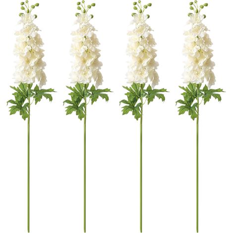 Delphinium artificiel en latex, lot de 4, tige de 80 cm (31,5 pouces), aspect réaliste, idéal pour vase haut, décoration de table, arrangement floral de mariage, blanc. (1/3)