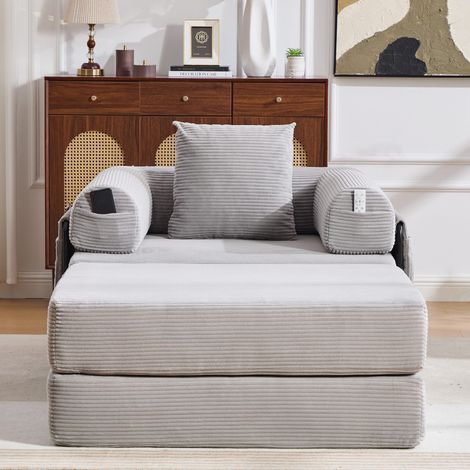 Fauteuil - 1 Place - Velours Côtelé - Pouf Inclus & Coussins Inclus & Pochettes Latérales - 112 x 190 x 67 cm - Moderne - Gris Clair (1/5)