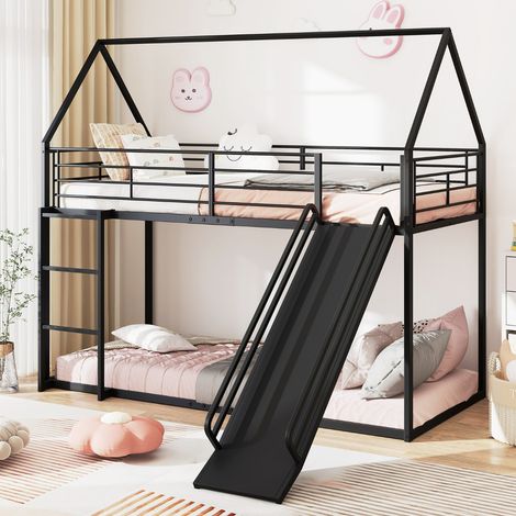 Lit Superposé Maison avec Toboggan Cadre Bas avec Barrière de Sécurité et Échelle Lit Mezzanine Robuste 200 x 90 cm Noir (1/5)
