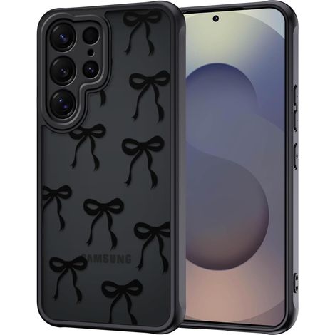 Coque pour Samsung Galaxy S25 Ultra, Aesthetic Papillon Nœud Motif Étui Translucide Mat Silicone TPU + PC Arrière Antichoc Housse Protection de la Caméra Bumper Case pour Filles Femme, Noir (1/5)