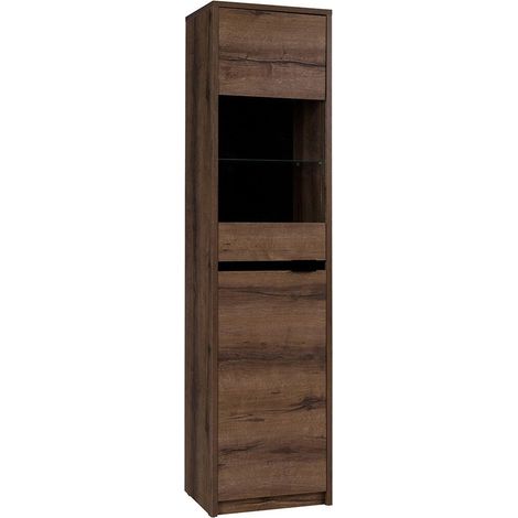 Estantería Fivelbo 113, Roble del Monastery + Negro brillante, Cerrable, Con puertas, Vidrio, Aglomerado laminado, Número de puertas: 2, Número de cajones: 0, 200x50x40cm, LED