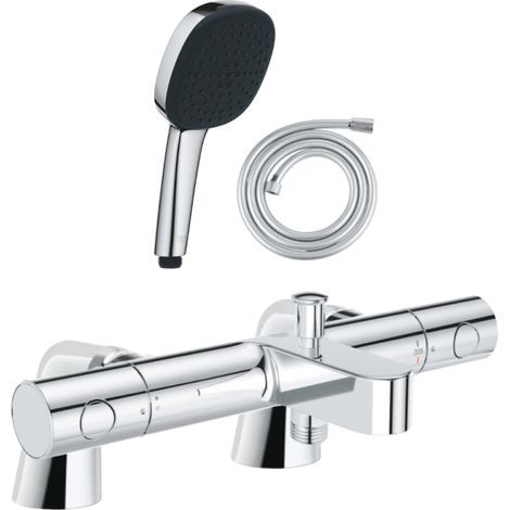 GROHE Precision Get: Mezclador termostático para bañera/ducha + teleducha cuadrada de 2 chorros + manguera flexible