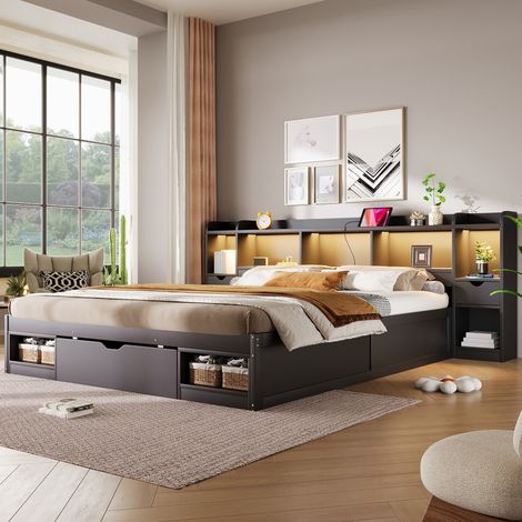 Cadre de lit plateforme noir 180x200cm, tête et pied de lit avec rangement, 3 tiroirs, compartiments, bandeau LED et port USB, meuble de couchage multifonction (1/5)
