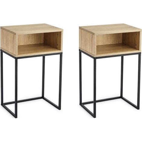 Table de chevet - JUANIO - Lot de 2 - Effet bois naturel - Structure métal noire - Compartiment ouvert (1/4)