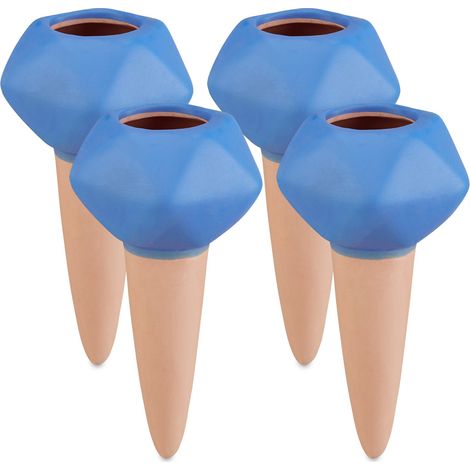 Relaxdays watering globes, plant waterers, set of 4 water spikes, Ø 6cm, garden self-watering system, terracotta/blue