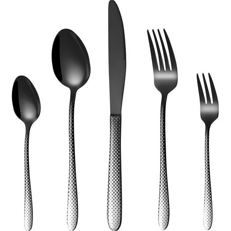 Lot de 30 couverts pour 6 personnes, en acier inoxydable, noir, couverts avec motif unique de points laser, couteau, fourchette et cuillère, passe au lave-vaisselle (1/5)