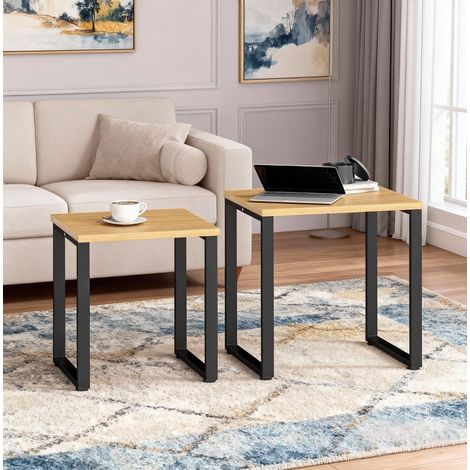 Table basse lot de 2 en bois et métal décor bois naturel, gain de place, 60 x 50 x 60 cm (1/5)