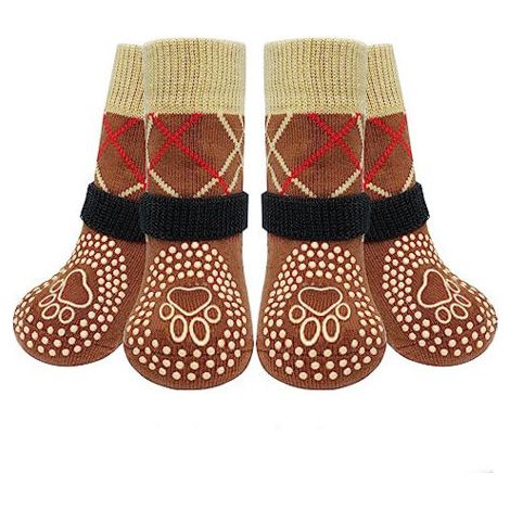 QORVA-Chaussettes marron pour animaux de compagnie, taille M (6,516CM), lot de 4, chaussettes antidérapantes pour chiens.