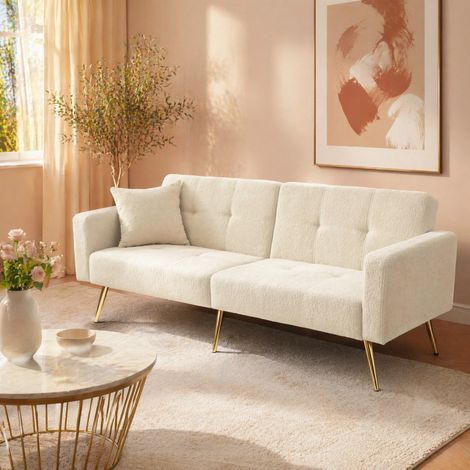 Sofá cama de 2 plazas con respaldo ajustable 105°/138°/180°, bolsillos laterales, beige (1/5)