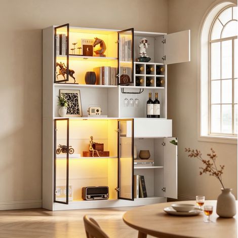 Vitrinenschrank (140x30x200 cm), mit 7 Türen, 1 Schublade, LED-Beleuchtung, Spanplatte, Weiß (1/5)