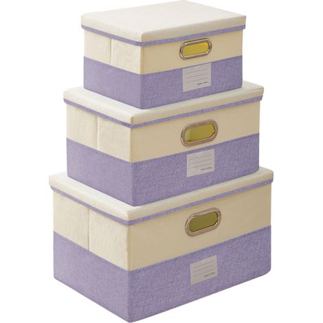 Juego de 3 cajas de almacenamiento plegables de algodón y lino con tapa, organizador de armario plegable con cubierta para el hogar, el dormitorio o la oficina (morado). (1/5)