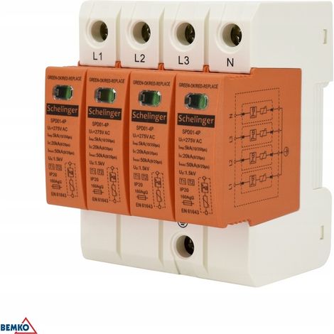 Protector contra sobretensiones 4P 5kA clase T1+T2 (B+C) schelinger A51-SPD01-4P-B+C (1/5)