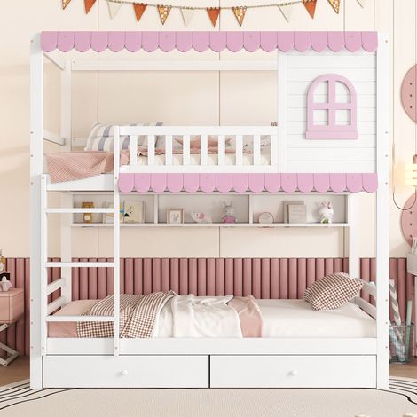 Letto a castello 90x200cm, matrimoniale, letto a castello per bambini con 2 cassetti contenitore e rete a doghe, sponda di sicurezza, divisori aperti, pino + MDF - Rosa (1/5)