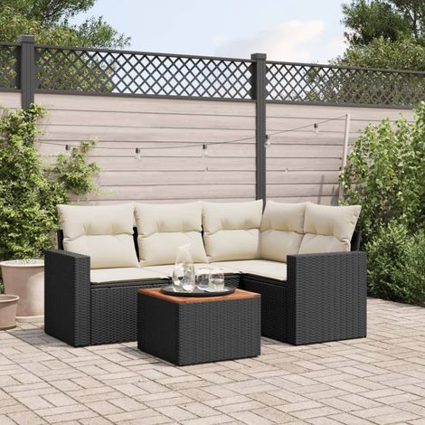 Ensemble Salon Jardin 5 Places Noir Résine Tressée avec Coussins Crème - Table Acacia - Modulaire (1/3)