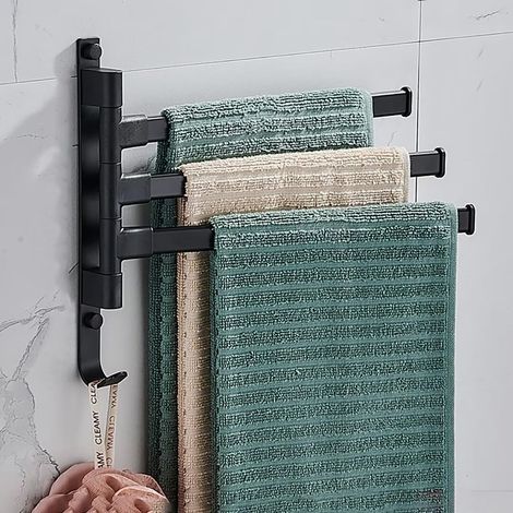 Porte-serviettes mural, porte-serviettes avec 3 barres pivotantes à 180°, porte-serviettes autocollant, pour salle de bain et cuisine, noir
