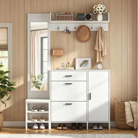 Garderobe mit Schuhschrank, Spiegel & Haken, Weiß, 140 x 30 x 200 cm, OKWISH (1/5)