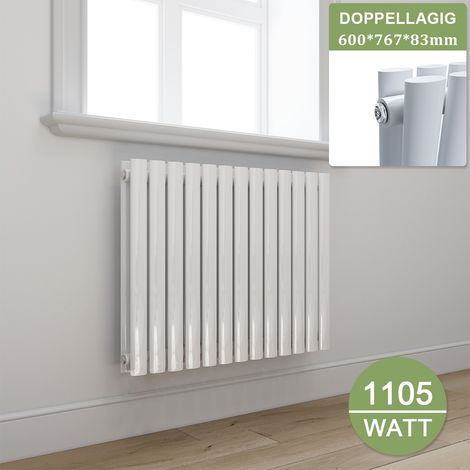 ELEGANT Design Heizkörper Weiß Doppellagig Röhrenheizkörper Oval Mittelanschluss Paneelheizkörper Horizontal 600x767mm 1105Watt
