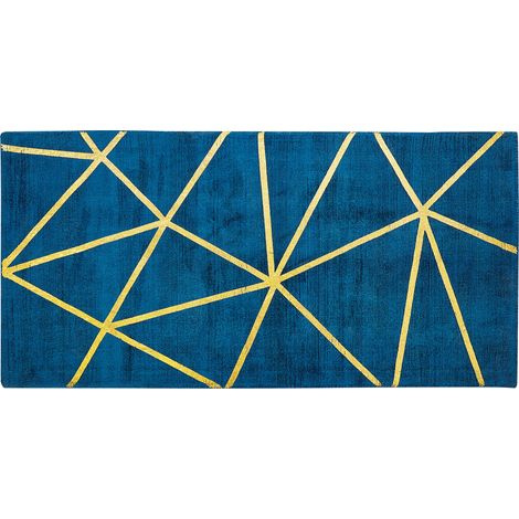Alfombra azul con estampado geométrico dorado de viscosa con algodón 80 x 150 cm tejida a mano estilo moderno glam Havza