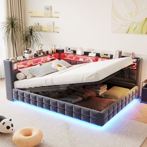 Letto/divano letto imbottito multifunzionale 140 × 200 cm, con vano contenitore idraulico, ripiano in legno, striscia LED, presa di corrente, porte di ricarica USB e Type-C, struttura di supporto a do (1/5)
