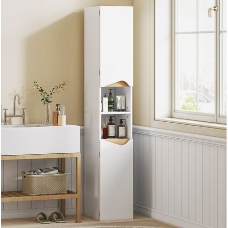 Mueble columna de baño estrecho con 2 puertas y 2 nichos, 30 x 34,6 x 180,5 cm, blanco (1/5)