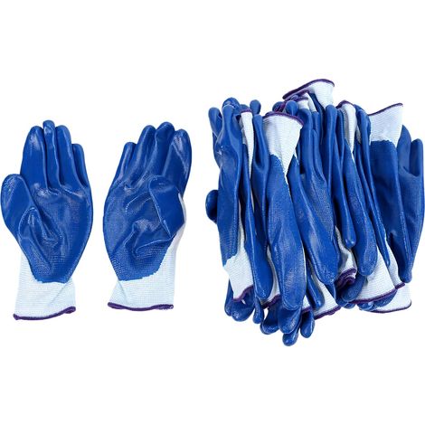 12 paires de gants de travail en nylon tricoté enduit de nitrile, protecteurs, résistants à l'huile et très élastiques, pour la réparation automobile et les travaux de jardinage. Bleus. (1/5)