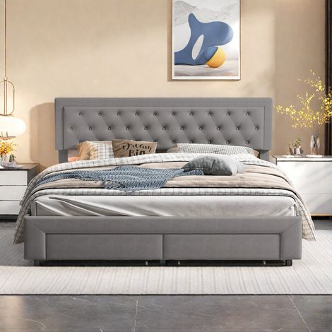 Cama tapizada 160 x 200 cm, Cama con almacenaje y cajones, Cama doble, Somier de láminas, Láminas de madera, Gran espacio de almacenaje, Terciopelo, Gris (1/5)