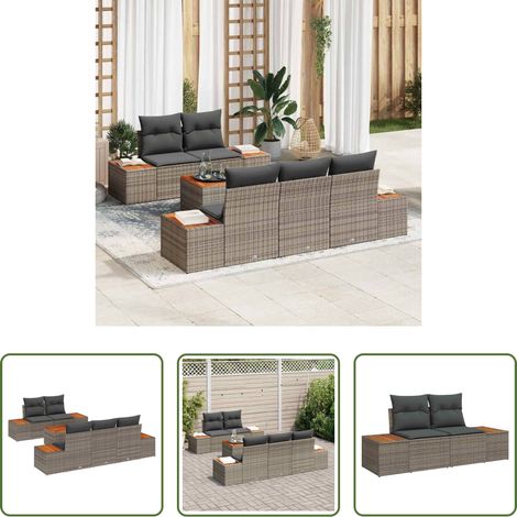 Gartentisch -  Gartensofa-set mit Kissen 6 pcs Grau Poly Rattan (1/5)