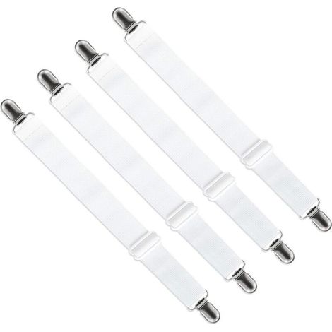 Verstellbarer Spannbettlaken-Spanner (65 cm bis 200 cm), verstellbarer Gurtverschluss für Bettlaken, Sofalaken, Bügelbrettbezüge (Weiß, 4er-Pack)