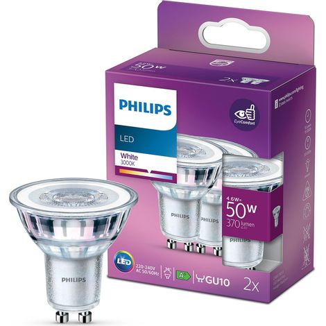 Philips LED Classic, confezione da 2 [GU10 Spot] 4,6 W - 50 W equivalente, 220 - 240 V, bianco 3000 K (non dimmerabile) (1/4)