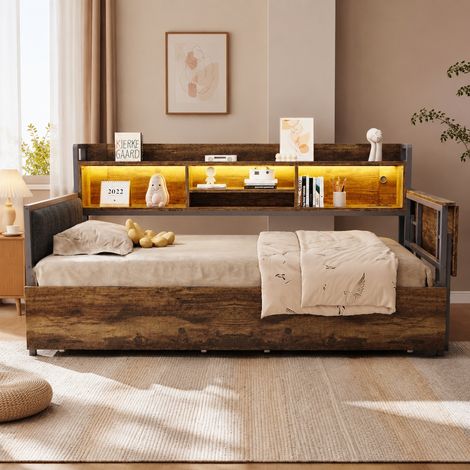 Cama 90x200 cm, metal y madera, color madera, con almacenaje, dormitorio, sin colchón -FLORAGRACE (1/5)