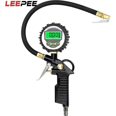 (Manomètre de gonflage de pneus) Manomètre de pression d'air pour pneus de voiture (norme européenne), avec rétroéclairage LED, écran LCD numérique et fonction de contrôle de la pression. (1/5)