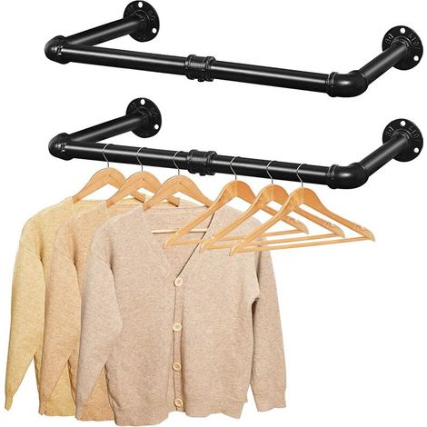 Par de percheros industriales, 92 cm, percheros desmontables, barra para colgar ropa, armario de pared, tubo de metal, negro. (1/4)