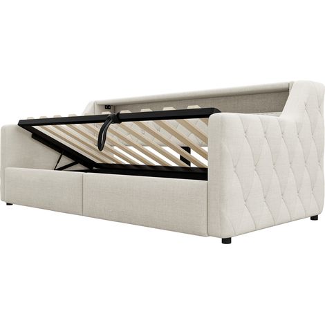 Tagesbett 90 x 200 cm beige mit LED, hydraulischem Stauraum, USB und USB-C (1/5)
